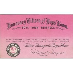Honorary Citizen Of Father Flanagan's Boys Town Membership Card 1959